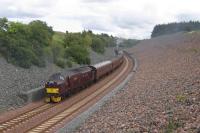 37 685 pushes from the rear of the SRPS Railtour on the approach to<br>
Tynehead. This was the first time the photographer had ever witnessed a<br>
Class 37 on the Waverley Route / Borders Railway, as most of his travel on<br>
the line was from 1961 to 1966, prior to the introduction of EE Types 3s. It<br>
was worth the 50-plus year wait for the sight and sound!<br><br>[David Spaven 20/08/2017]