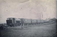 Barclay 0-6-0 Saddle tank on Miners train at Canderrigg Colliery Netherburn.<br>
Photograph donated by ex family member for album.<br><br>[Gordon Steel //1930]