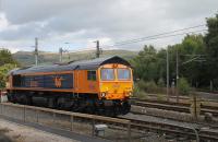 GBRf 66723, <I>Chinook</I>, which now carries an RAF style bodyside number ZA723, seen stabled in the sidings at Skipton station on 11th September, 2017. Across the main line tracks the start of the Grassington branch, where GBRf operates a number of trains to the quarry, can be seen. <br><br>[Mark Bartlett 11/09/2017]