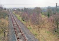Giffen Junction looking north to Barrmill Junction in 1997. The line was still in use, but perhaps only for the annual weedkilling train! This location has a complicated history of opening dates and closures. The original Barrmill and Kilwinning devised route was straight ahead and the Caledonian's determination to wholly own their own route to Ardrossan is to the right. The Giffenmill Viaduct was still standing and can be seen on the right.<br><br>[Ewan Crawford //1997]