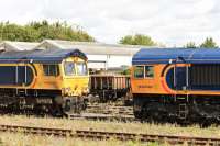 GBRf locos 66740 <I>Sarah</I> and un-named 66758 stabled in the station sidings at Eastleigh on 14th September 2017.<br>
<br>
<br><br>[Peter Todd 14/09/2017]