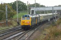 Class 50s at 50. 50007 and 50049 recreate a late 60s/early 70s trip as they head north at Balshaw Lane Jct on 07 October 2017 with 'The Caledonian' railtour from London to Glasgow. The Class 50s replaced a Class 87 at Crewe in a bid to further recreate the days before the wires crossed the border.<br><br>[John McIntyre 07/10/2017]