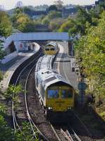 Freightliner 66597 and 66952 pass through Inverkeithing Station with a Millerhill - Keith concrete sleeper train on Sunday 8th 2017 October.<br>
<br>
<br><br>[Bill Roberton 08/10/2017]