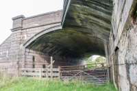 Gree was on of several countryside goods stations on the Lanarkshire and Ayrshire. The site of the yard itself has been infilled but the extraordinary half skew and half not skew bridge which carried the A736 over the track remains intact. This is the view looking to Glasgow.<br><br>[Ewan Crawford 28/09/2017]