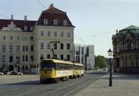 A Tatra T4D / B4D set No. 224 056 runs along the Sophienstrasse in Dresden between the Taschenberg Palace Hotel (left) and the Zwinger on a Line 8 (Südvorstadt to Hellerau) working. 27th June 2001. Not being of low-floor design, these trams no longer run in normal service, but they do still see use over the Christmas period.<br>
<br>
The development of the Dresden tram network was rather complex with a number of different companies involved and I've not been able to pin down who built this section of line. The current operator is the Dresdner Verkehrsbetriebe AG (DVB).<br><br>[Bill Jamieson 27/06/2001]