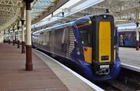 385 102 at platform 1, resting from overnight driver training duties. 314209 waits to form the 11.57 to Glasgow Central.  20 October.<br><br>[Bill Roberton 20/10/2017]