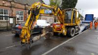 A roadrailer (with an impressive auger attachment) being delivered to Dunblane station on 13th October 2017 in connection with the project to remove and replace the Perth Road railway bridge.<br>
<br>
<br><br>[David Prescott 13/10/2017]