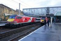 With engineering work taking place between Newcastle and Edinburgh, ECML services were diverted via Carlisle. On 07 October 2017, on the left is a southbound Mk 4 set which will have a Class 67 attached to drag it to Newcastle while on the right an Aberdeen bound HST is almost ready to depart.<br><br>[John McIntyre 07/10/2017]