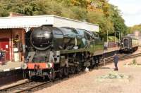 Bullied 4-6-2 34046 (running as 34053 Sir Keith Park) seen at Leicester North during the GCR's Autumn Gala. The theme was the 50th Anniversary of the demise of Southern Steam. It was a very busy day and, contrary to expectations, the timetable proved accurate<br>
<br><br>[Peter Todd 06/10/2017]