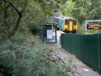 The sylvan setting of Llanrwst station seen in October 2017. The line had reopened that day after hurricane Ophelia had caused flooding and damage to the Ffestiniog Tunnel. In the left foreground can be seen part of a large branch from an ancient tree broken off by the wind which had been blocking the path earlier. Some time before a train was due, a group of local youths could be seen gathered in the shelter but my suspicions were entirely wrong - they formed a team to lift the heavy obstacle to the side and clear of the station approach.<br><br>[Colin McDonald 16/10/2017]