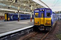 385 102 at platform 1, resting from overnight driver training duties. 314209 waits to form the 11.57 to Glasgow Central.  20 October.<br><br>[Bill Roberton 20/10/2017]