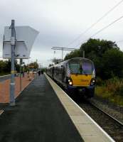 334034, with an Edinburgh to Helensburgh Central service, calls at Dumbarton East on 14th October 2017.<br>
<br>
<br><br>[David Panton 14/10/2017]