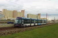 <I>Flexity</I> 002 heads south along the Blackpool Tramway passing the Norbreck Castle Hotel as it approaches the Norbreck tram stop. 18th October 2017. <br><br>[Mark Bartlett 18/10/2017]