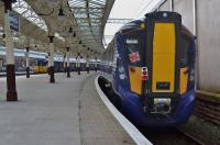 385 102 at platform 1, resting from overnight driver training duties. 314209 waits to form the 11.57 to Glasgow Central.  20 October.<br><br>[Bill Roberton 20/10/2017]