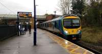 Arriving at the platform is the slightly late 15.31 TPE ex York to Middlesbrough. Yes, it WAS blowy and raining! (Storm Brian strikes).<br><br>[Bruce McCartney 21/10/2017]