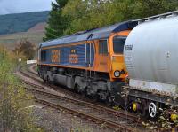 GBRf 66736 draws away from Crianlarich with the North Blyth - Fort William Alcan service on 19 October 2017. The Oban line diverges to the left.<br><br>[Bill Roberton 19/10/2017]