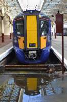 385 102 at platform 1, resting from overnight driver training duties. 314209 waits to form the 11.57 to Glasgow Central.  20 October.<br><br>[Bill Roberton 20/10/2017]