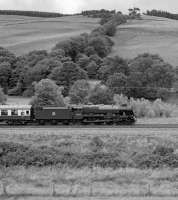 No. 46100 Royal Scot is seen coasting downhill towards Stow in August 2017 having just entered the double track section at Galabank Junction. I know it's trivial, but to my eye the 6 and the 0s on the cabside aren't rendered in the proper Gill Sans font and just look wrong.<br>
<br>
<br><br>[Bill Jamieson 21/08/2017]