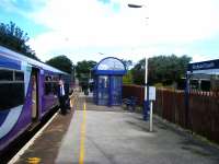 Passengers joining a Colne service awaiting departure at Blackpool South in September 2017.<br><br>[Veronica Clibbery 14/09/2017]