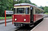 Harzer Schmalspur-bahnen Diesel railcar 187 013 was built by Thalboot-Ahrend for the Kreis-Altonaer-Eisenbahn then sold to the Inselbahn-Langeoog.  It was acquired by the HSB in 1995 and went into service the following year after a complete overhaul.  The service between Alexisbad and Eisfelder Talmühle is mostly operated by Diesel railcars.<br><br>[Norman Glen 19/9/2017]