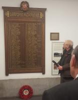 Armistice wreath-laying at Aberdeen Station; Des Byrne of the Great North of Scotland Railway Association paying tribute to the 93 fallen of the GNSR in the Great War.<br><br>[John Yellowlees 11/11/2017]