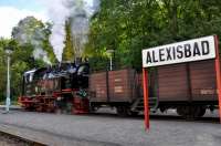 HSB 99 6001 departing Alexisbad with the 11:46 train to Gernrode on 19 September 2017.  It had just arrived with the 10:30 train from Quedlinburg.  This locomotive was built by the Krupp Corporation of Essen in 1939 and was the prototype for an entire class ordered by the Nordhausen-Wernigerode-Eisenbahn.  However, the outbreak of the Second World War meant that only this one was built.<br><br>[Norman Glen 19/09/2017]