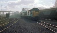 Having being released at the south end of the sidings, these two 37s head back through Ravenscraig Number 2 after delivering a coal train. There were over forty wagons hauled by 37312 and 37313. The blast furnaces are to the right and Wishaw Deviation to the left.<br><br>[Ewan Crawford //1988]