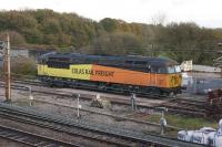 Colas Rail Freight 56105 is in the 'naughty' siding at Farington Jct after failing whilst working with another Class 56 on the Carlisle to Chirk log train on 02 November 2017. The loco was detached from the train and pushed into the siding by the other Class 56. That then continued south with the train but there is another story around that which will take too long to tell here!<br><br>[John McIntyre 04/11/2017]