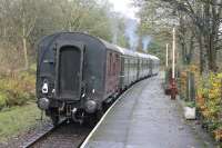 The newly restored BRC&W <I>Calder Valley Set</I>, back on the ELR after a period on the Wensleydale Railway, is seen at Summerseat taking a 6-wheel <I>Stove</I> van as a trailing load as far as Ramsbottom during the 2017 railcar gala. <br><br>[Mark Bartlett 04/11/2017]