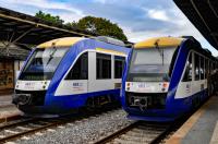 A pair of Harz-Elbe Express (HEX) Desiro DMUS at Quedlinburg on the 19th of September 2017.  Built by Siemens, these 2-section articulated DMUs of class 642 are in widespread use with DB Regio.  The left-hand unit is heading to its terminus at Thale and so has its front auto-coupler covered.  The right-hand unit is heading to its terminus at Magdeburg but its rear auto-coupler is uncovered, as it will form the front part of the combined train when it joins with the set from Halle at Halberstadt.  Quedlinburg is also one end of the 1000 mm gauge Harzer Schmalspur-bahnen system (this part originally the Gernrode-Harzgerode-Eisenbahn).<br>
<br>
With thanks to Bill Jamieson for locomotive information.<br><br>[Norman Glen 19/09/2017]