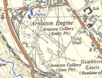 Part of an OS Series map published in 1955 showing the Emily and Gore pits, the last survivors of the former 'Arniston Engine' complex, located to the north of Gorebridge.<br>
On the left is the Waverley Route  shown crossing the A7, while on the right is the B704 Hunterfield Road. Running between the two across the top of the map is Engine Road.<br>
Note the access road linking Engine Road and the Gore pit passing between the two colliery waste 'bings'. Note also the cable tramway running from the Emily Pit, through a tunnel in the north (original) bing and over a bridge across the access road to reach a tipping point on the south bing.  <br><br>[John Furnevel 07/11/2017]
