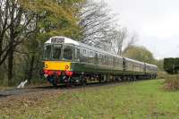 Looking rather like it has been posed for one of those 1950s <I>new train</I> publicity photos the BRCW Class 110 <I>Calder Valley</I> 3-car set slows for the Summerseat stop running towards Bury during the ELR railcar gala on 4th November 2017. <br><br>[Mark Bartlett 04/11/2017]