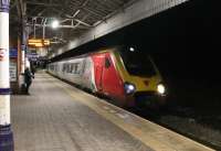 <I>Last train from London</I>. Virgin Voyager 221113 makes the penultimate stop at Poulton on the evening of 10th November 2017 with a Euston to Blackpool North service. With the line closing that night for nineteen weeks electrification work the next Euston to Blackpool service (a Pendolino?) will run entirely under the wires and with colour light signalling.<br><br>[Mark Bartlett 10/11/2017]