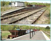 The southern terminus of the Tanfield Railway at East Tanfield in May 2006, with temporary Portakabins in use and a line of wagons occupying the sidings on the west side of the station. The upper photograph is a general view of the location looking north. The lower is a view along the platform showing various vehicles ranging from modern (relatively speaking) former NCB stock to a wooden ex-Bowes Railway coal wagon second from the camera. [Ref query 18 November 2017]   <br><br>[John Furnevel 09/05/2006]