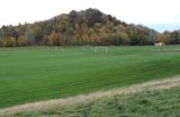 No sign of the old south bing at Arniston in 2017, with the spoil removed and the area landscaped to form playing fields. View north over the site in 2017, looking  towards the tree covered north bing. Behind the camera stands a modern housing development which includes River Gore View and Lady Emily Way. <br><br>[John Furnevel 26/10/2017]