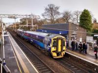 A Glasgow Queen Street service pulls into Lenzie on Saturday afternoon, 11th <br>
November 2017. Already busy, by the time it left Bishopbriggs it was rammed<br>
<br>
<br><br>[David Panton 11/11/2017]