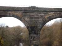 The most northerly section, across the River Tees, of the 650m Yarm Viaduct is built in stone compared to brick for the rest of the structure. A large plaque is sited above the centre pier detailing the names of the design engineers, the superintendent of works, and the contractors responsible for the building the structure. <br><br>[David Pesterfield 19/11/2017]