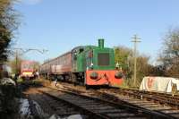 Class 03 DM 0-6-0 D2152, on a Swindon & Cricklade Santa Special on 25th November 2017, the first day of the season. Barclay 0-6-0ST 2138 <I>Swordfish</I> was the other engine on the train. The train was topped and tailed by two engines to save time on the run rounds, allowing Santa to dole out more presents to the kids at a<br>
faster rate.<br>
<br>
<br><br>[Peter Todd 25/11/2017]