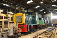 D2022, an early example of the Class 03 0-6-0DM shunters, seen under repair in the Hayes Knoll engine shed on 25th November 2017.<br>
<br>
<br><br>[Peter Todd 25/11/2017]