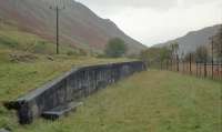 Crunachy Siding looking east, in 1991, with the west end of Loch Awe off to the right. This loading bank was located between Taynuilt and Awe Crossing.<br><br>[Ewan Crawford //1991]