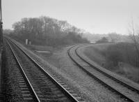 View from a passing train of the closed, but immaculately maintained Abingdon branch, diverging away from the main line south of Oxford.  Closed to passengers in 1963 it carried car traffic (MGBs and MG Midgets) until 1984. View from the north.<br><br>[Bill Roberton //1986]