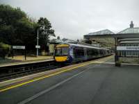 A northbound service pulls out of Gleneagles on 26 October 2016. The Gaelic<br>
version of the name on the sign can't be faulted: 'valley of the church'<br>
and nothing to do with eagles.<br>
<br>
<br><br>[David Panton 26/10/2016]