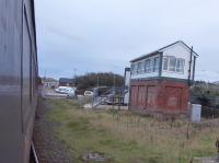Nowadays the LNWR style cabin at Whitehaven (Bransty) only controls a limited number of signals and points in the station area but it has also gained responsibility for the single line section north towards Parton and south to St. Bees. Seen here from a southbound train approaching the station on 13th November 2017.  <br><br>[Mark Bartlett 13/11/2017]