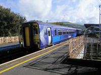 156436 waits to return to Ayr from Girvan on 1st October 2016. The unusual ironwork<br>
round the subway entrances is of the same period as the station buidling,<br>
the only art deco station in Scotland.<br>
<br><br>[David Panton 01/10/2016]