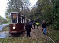 1901 Hull tram #96 pauses at Old Lakeside Halt on the Heaton Park Tramway for the benefit of visiting BLS members. This tram has a colourful history. It was built as a double decker; has been used as a snow plough and twice as a stores car; was once Leeds #6; and has been on loan to the Beamish museum.<br><br>[Ken Strachan 21/10/2017]