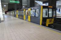 A Metro 4-car unit stands at the St James terminus in Newcastle city centre on 10 December 2017 ready to depart to South Shields.  Informed travellers would change at the first station on its journey, Monument, which will also be its 28th stop, albeit on a different platform at a lower level and around an hour later. The train’s anti-clockwise journey round the North Tyneside loop takes it though North Shields which is only about 1500m as the crow flies from its destination which it is due to reach after a further 63 minutes have elapsed.<br><br>[Malcolm Chattwood 10/12/2017]