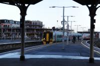 Framed by the canopy columns, 158-798 arrives in Bristol Temple Meads from Great Malvern on 14th December 2017.<br>
<br>
<br><br>[Peter Todd 14/12/2017]