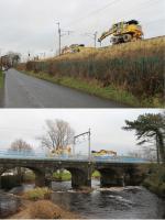 Refurbishment of the Viaduct over the River Wyre at Scorton meant a closure of the WCML between Lancaster and Preston from 24th to 27th December. The upper picture looks north along Station Lane with machines busy on the embankment to the south of the bridge. The lower image is of the work taking place on the bridge itself, both taken on 24th December 2017. <br><br>[Mark Bartlett 24/12/2017]