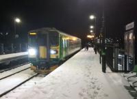 You shouldn't believe everything you read. The train is the 17.59 to Nuneaton, not Coventry; and although the 'London Midland City' lettering has been peeled off the sides of the carriage, it's a West Midlands service. Snow makes a welcome change in Nuneaton.<br><br>[Ken Strachan 11/12/2017]