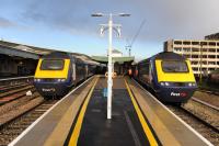 HSTs at Bristol Temple Meads on 14th December 2017. The set on the left is waiting to head back to Paddington while on the right the Torbay Express is heading in the opposite direction.<br>
<br>
<br><br>[Peter Todd 14/12/2017]